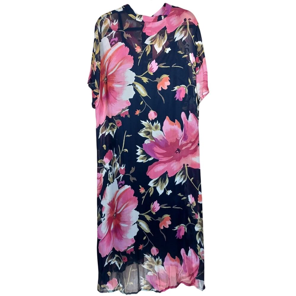 Avenue Plus Size 18/20 Sheer Black Orange Floral Button Front Maxi Duster Dress - Picture 2 of 11